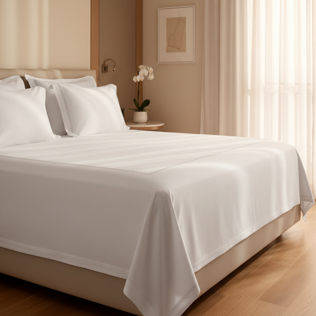 Five-star hotel bed with perfectly pressed white luxury Egyptian cotton sheets and premium pillows