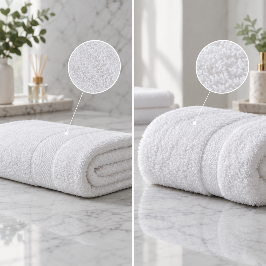Comparatif de serviettes d'hôtel à 500 g/m² et 600 g/m² en coton éponge blanc : différence de volume, hauteur de bouclé et densité dans les serviettes de bain hôtelières