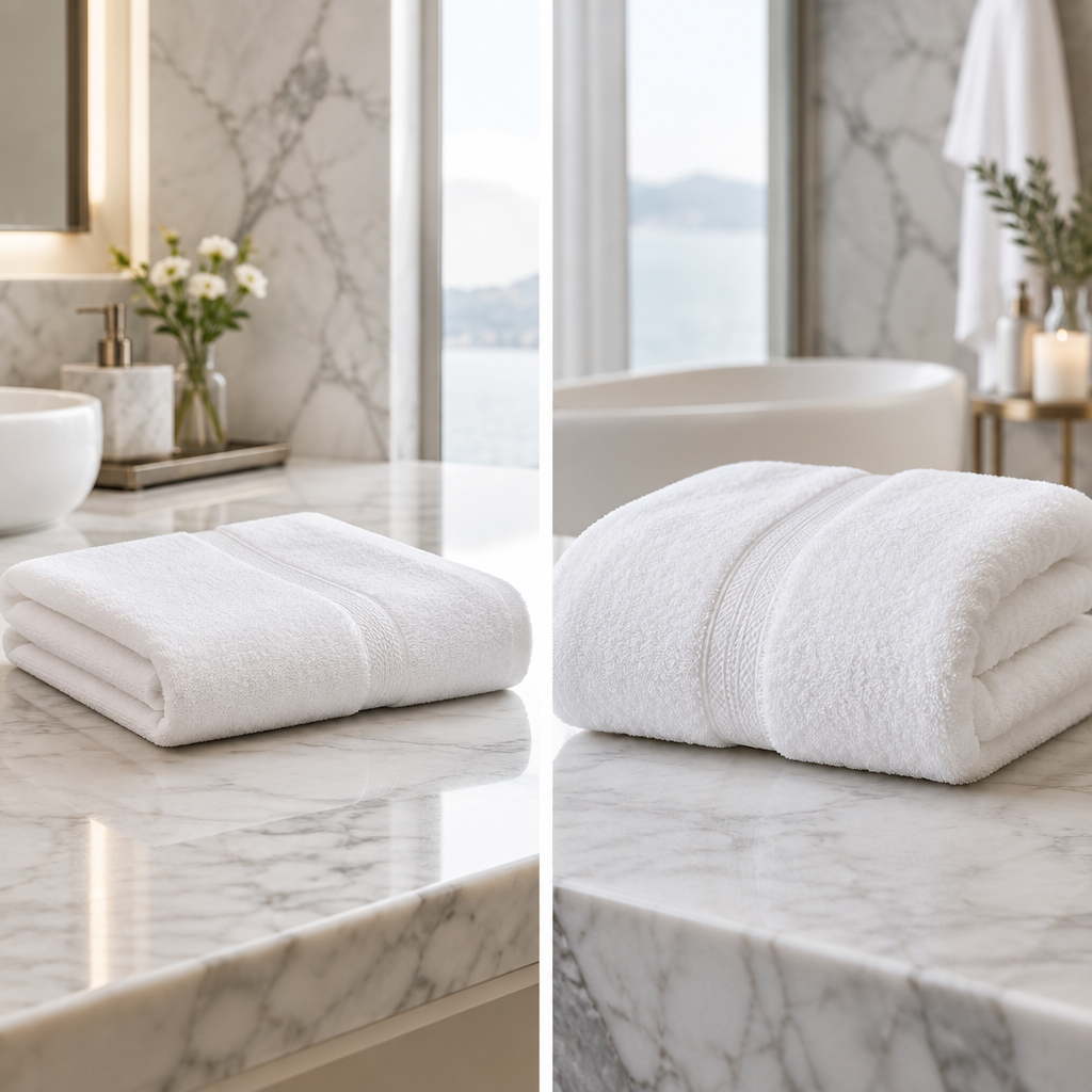 Vergleich von Hotelhandtüchern mit 500 g/m² und 600 g/m² aus weißer Frottierbaumwolle: Unterschied in Volumen, Schlaufenhöhe und Dichte bei Hotelbadehandtüchern