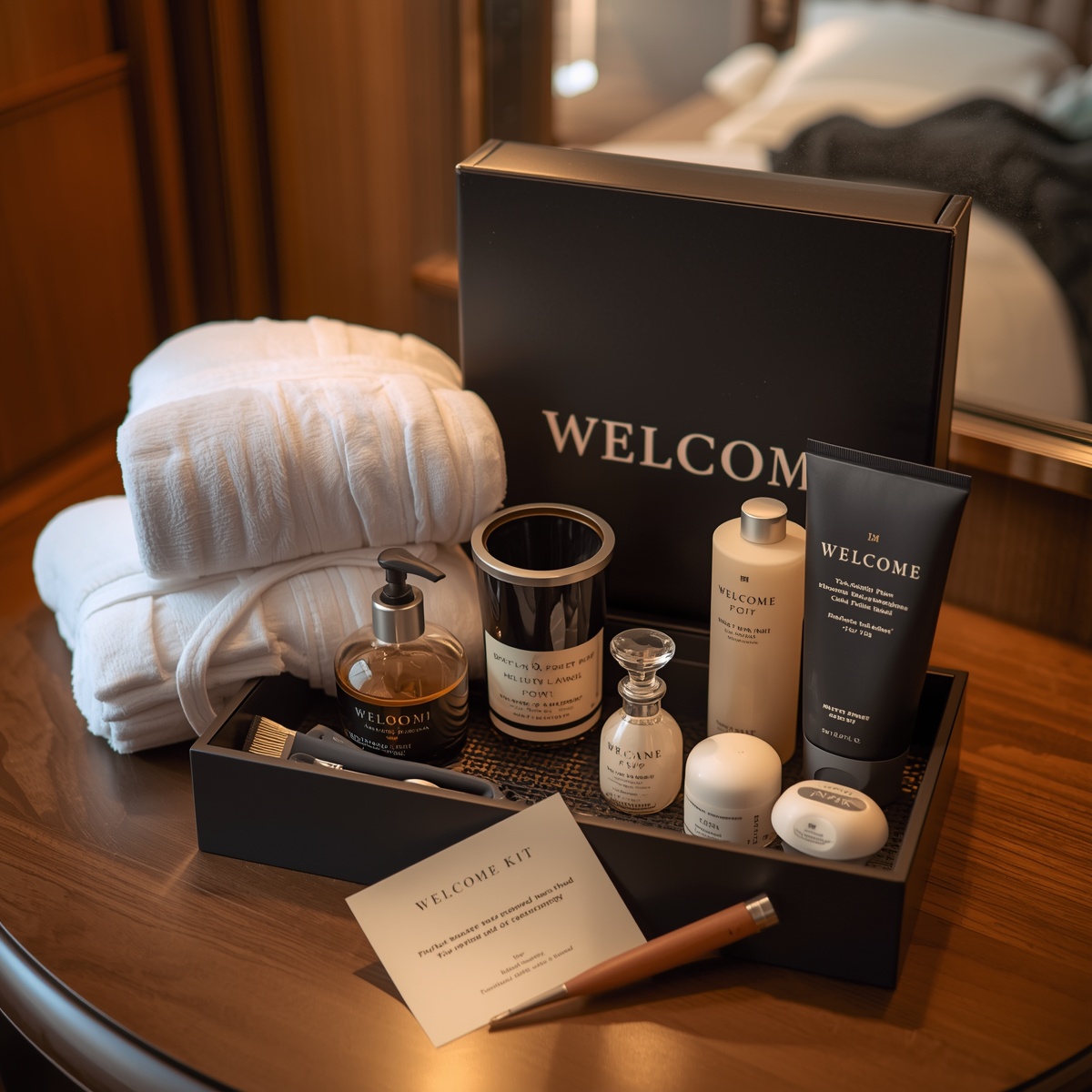 Willkommenspaket für Hotel mit Amenities, Handtücher und Begrüßungsdetails auf dem Bett arrangiert