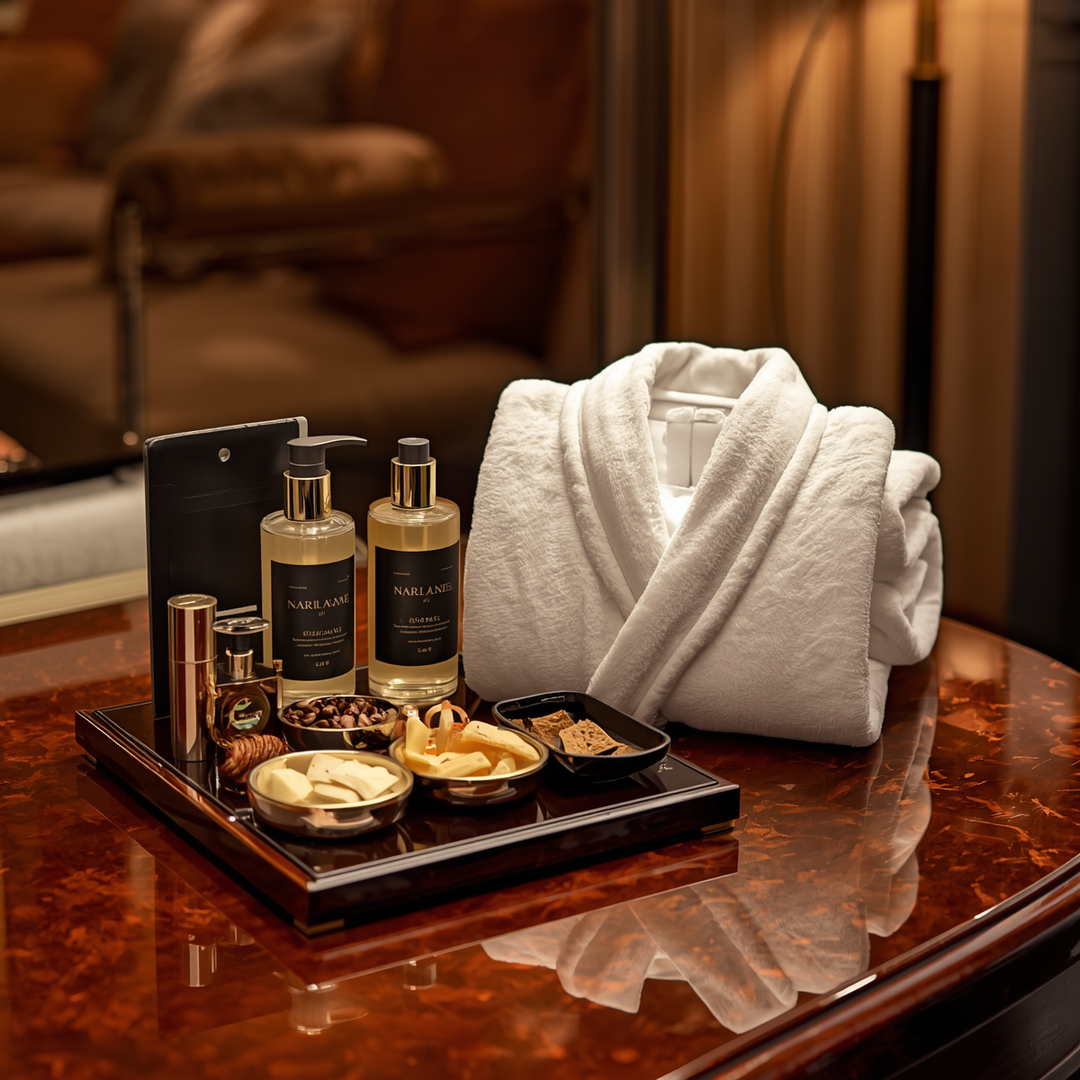 Kit de bienvenue hôtel avec amenities, serviettes et cadeaux d'accueil disposés sur un lit