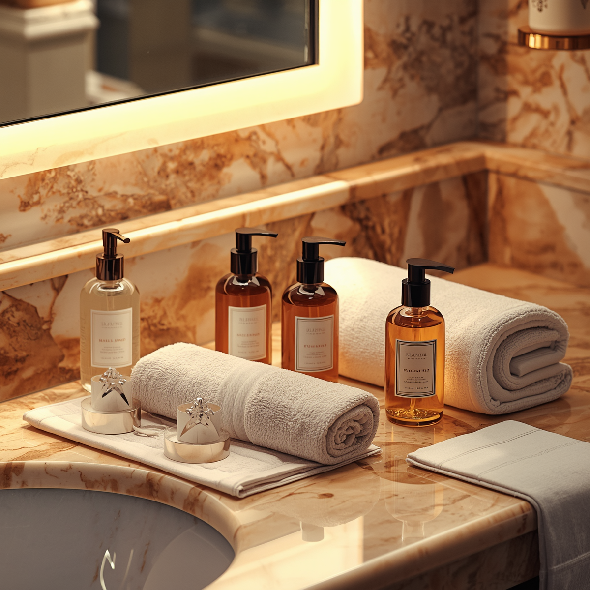 Kit di benvenuto hotel con amenities, asciugamani e dettagli di accoglienza disposti sul letto