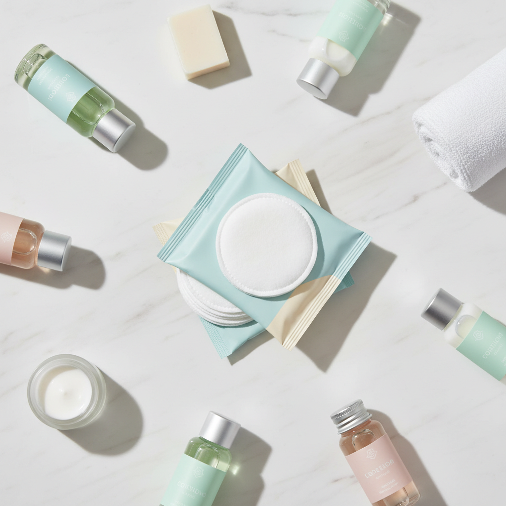 Abschminktücher für Hotels im Einzelsachet präsentiert im Badezimmer eines Hotelzimmers neben dem Rest der Hotelkosmetik