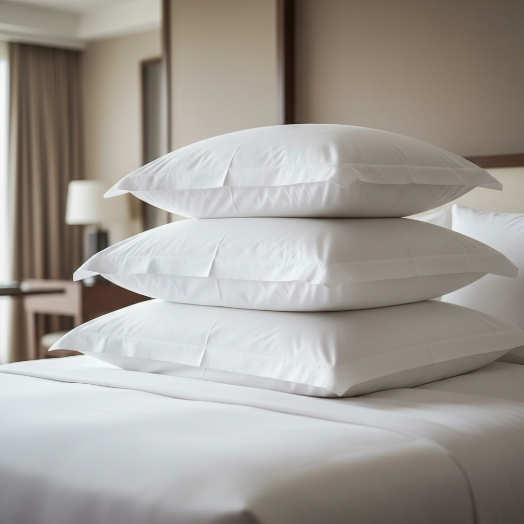 Almohadas para hotel en diferentes firmezas presentadas en cama de habitación hotelera de categoría con funda blanca