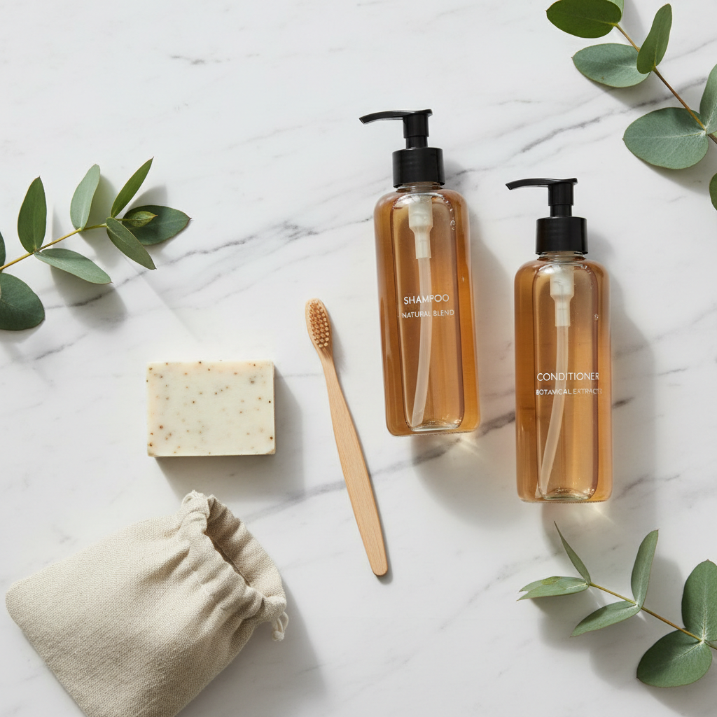  Produits d'accueil écologiques pour hôtel avec emballage en papier kraft et savons naturels sur surface en bois dans une salle de bain durable