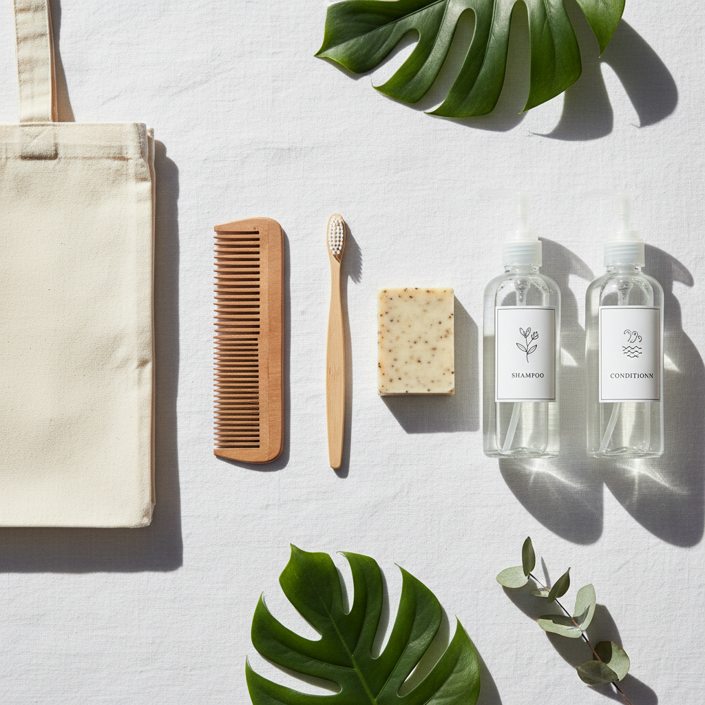 Amenities ecológicos para apartamento turístico: dispensador de pared rellenable, jabón de pastilla con envoltorio de papel FSC y toallitas biodegradables
