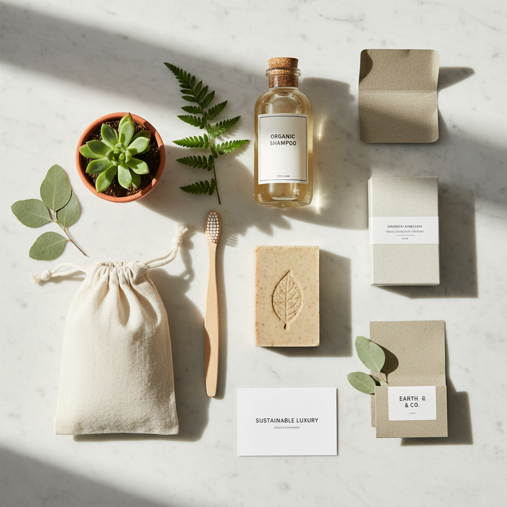 Amenities ecológicos para hotel con packaging de papel kraft y jabones naturales sobre superficie de madera en baño sostenible