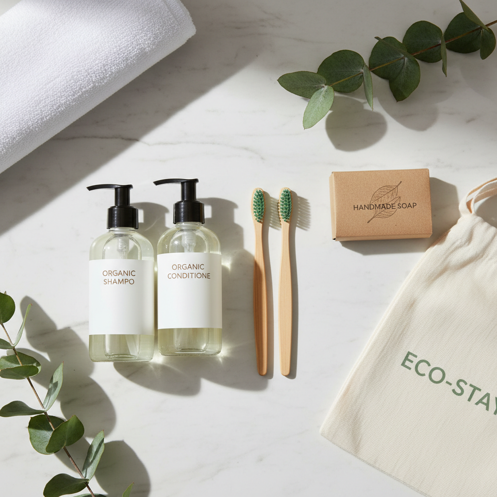 Prodotti da bagno ecologici per hotel in confezioni di carta riciclata e bambù, destinati ai bagni degli hotel sostenibili