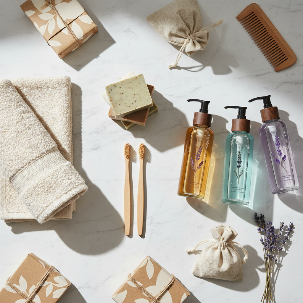 Amenities ecologici per appartamento vacanze: dispenser a muro ricaricabile, saponetta con confezione in carta FSC e salviette biodegradabili