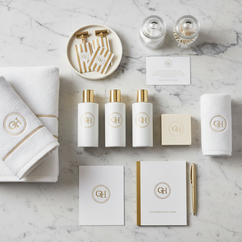 Kit de amenities personalizados para hotel con logo del establecimiento sobre lavabo de mármol en habitación hotelera de lujo