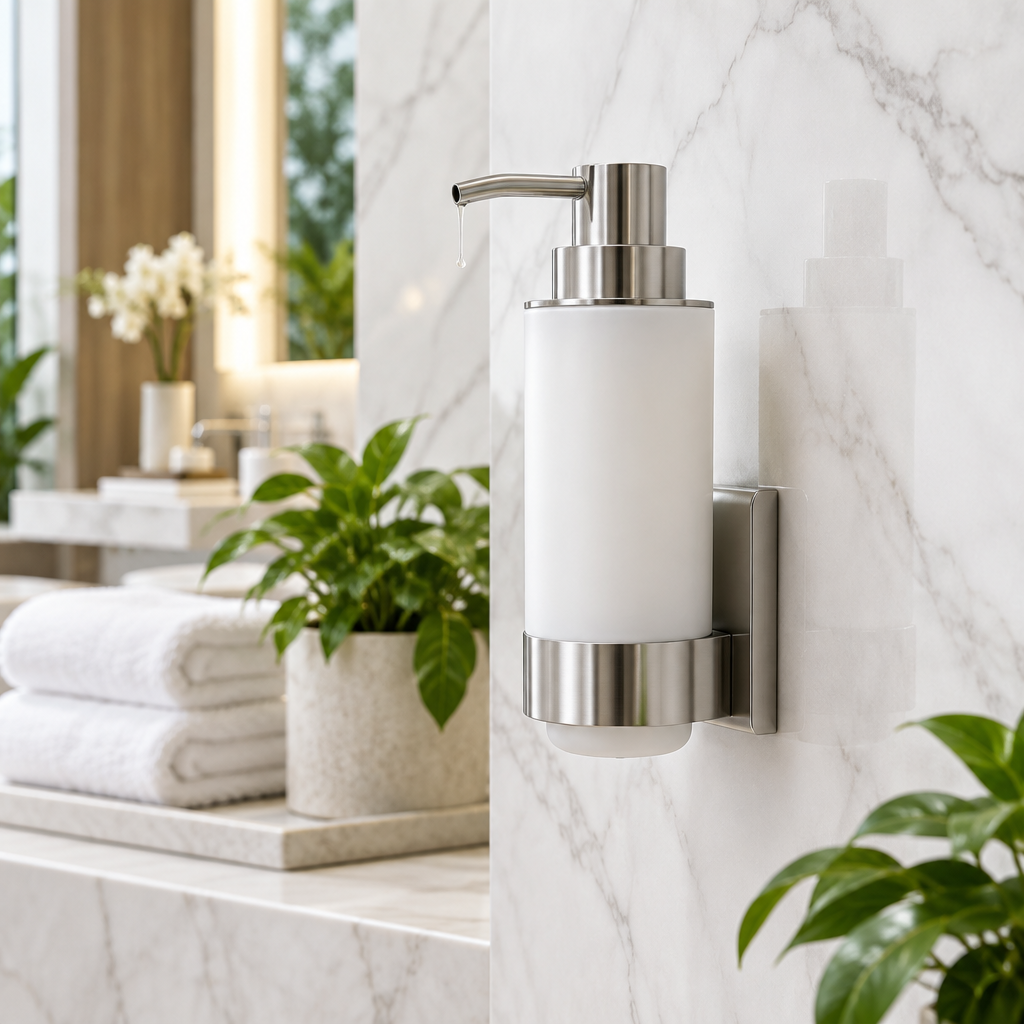Amenity-Spender für Hotel in mattschwarzer Ausführung in einer Dusche eines Vier-Sterne-Hotels installiert mit drei Fächern für Shampoo, Conditioner und Duschgel einer Premium-Marke