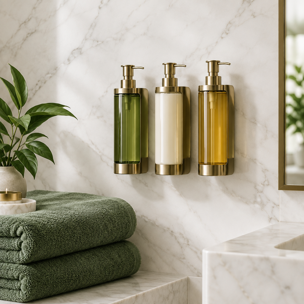 Hotel amenity dispenser in matt black finish installed in a four-star hotel shower with three compartments for shampoo, conditioner and shower gel from a premium brand