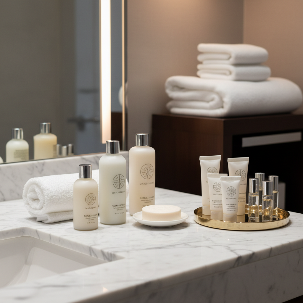 Après-shampooing pour hôtel en tube individuel et distributeur mural présentés dans la salle de bain d'une chambre hôtelière