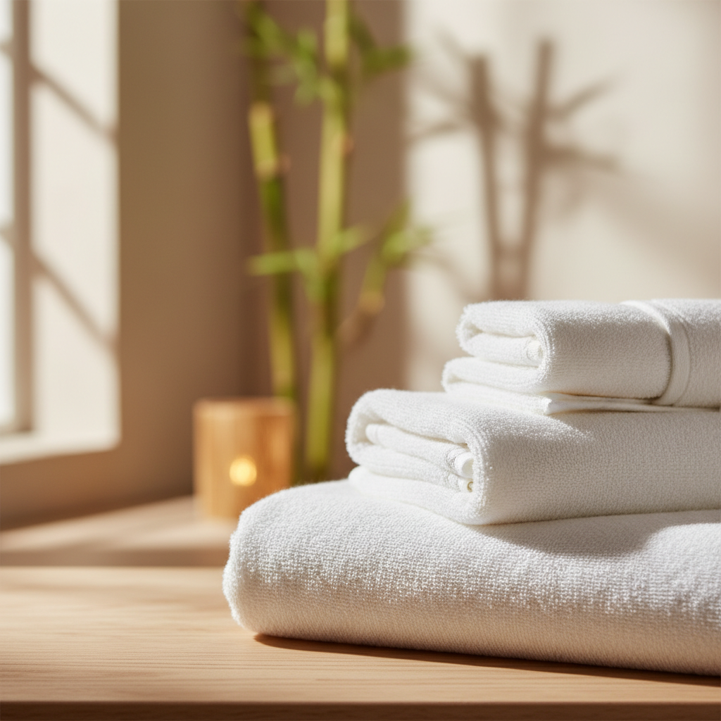 Asciugamani in cotone biologico certificato GOTS per hotel impilati nel bagno di una camera d'hotel sostenibile