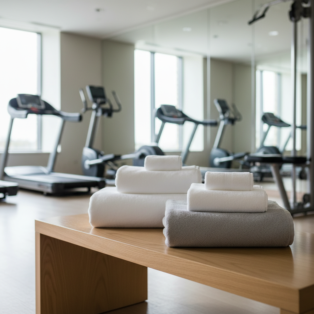 Asciugamani da palestra per hotel in cotone impilati nell'area fitness alberghiera con distributore self-service