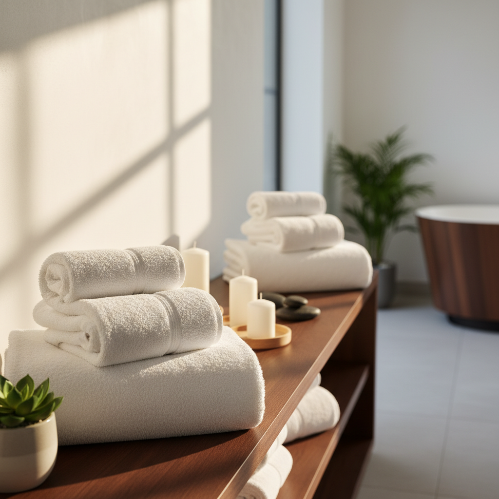 Dettaglio del tessuto di asciugamano spa in cotone egiziano da 600 g/m² per hotel di lusso con riccio denso e finitura morbida