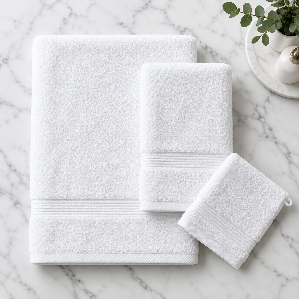 Set completo di asciugamani da hotel bianchi: asciugamano da bagno 70x150 cm, asciugamano per le mani 50x90 cm e salvietta 30x30 cm piegati in set su piano in marmo in bagno di hotel quattro stelle