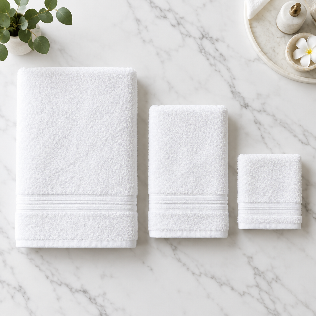 Vollständiges Set weißer Hotelhandtücher: Badetuch 70x150 cm, Handtuch 50x90 cm und Waschlappen 30x30 cm gefaltet als Set auf Marmoroberfläche in Vier-Sterne-Hotelbadezimmer