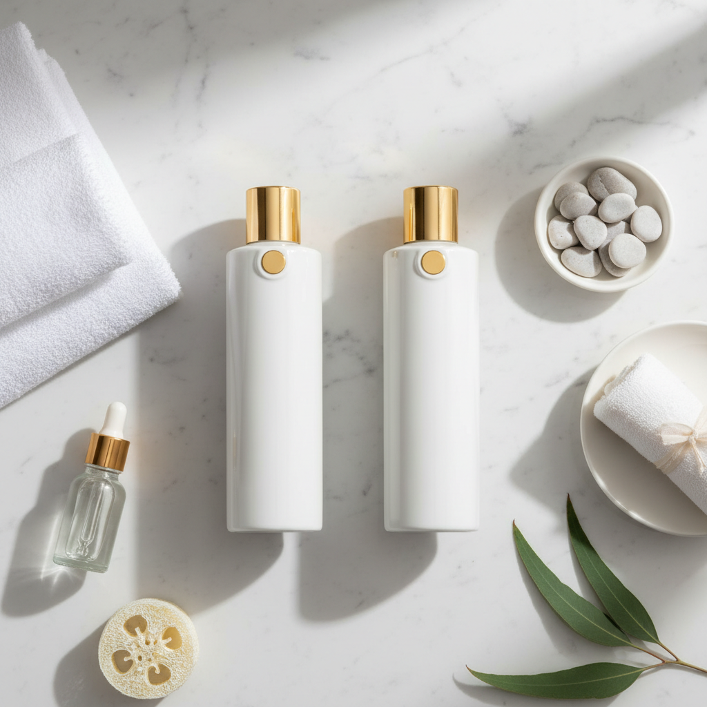 Balsamo capelli per hotel in tubo individuale e dispenser a muro presentati nel bagno di una camera d'hotel