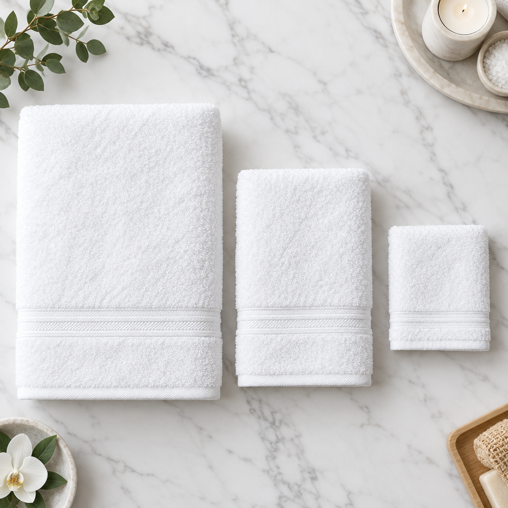 Complete set of white hotel towels: bath towel 70x150 cm, hand towel 50x90 cm and face cloth 30x30 cm folded as a set on a marble surface in a four-star hotel bathroom