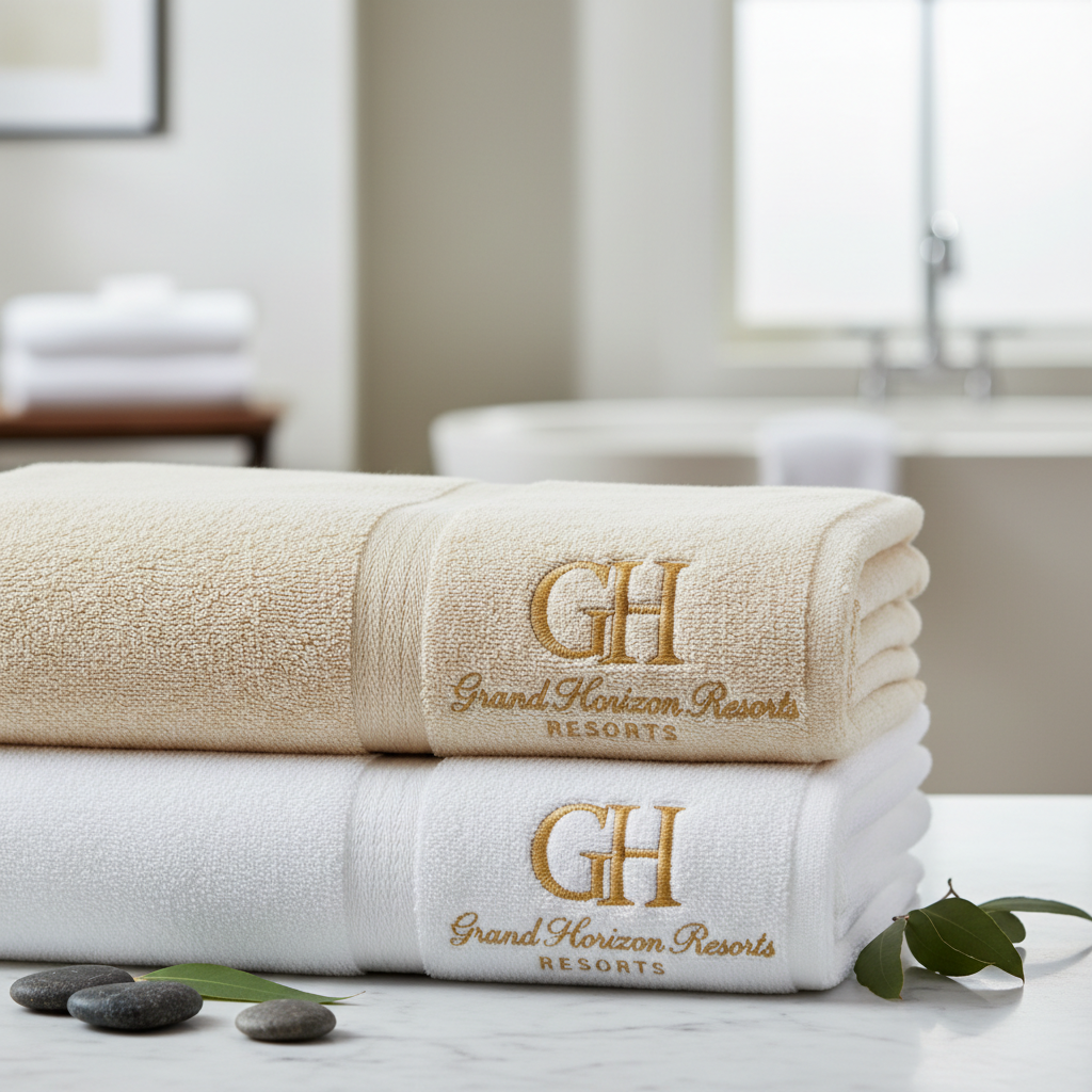 Bestickte Hotelhandtücher in Weiß mit gesticktem Logo in Relief auf Holzhandtuchhalter in luxuriösem Hotelbadezimmer