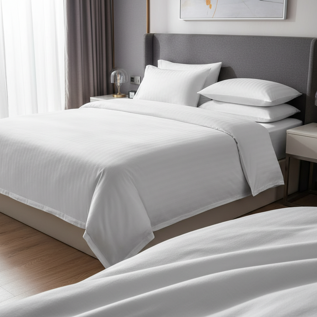 Weißer Perkal-Baumwoll-Bettdeckenbezug perfekt gespannt auf dem Bett eines Kategoriehotelzimmers