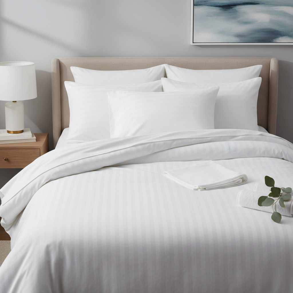 Bett in einer Ferienwohnung mit weißer Bettwäsche gut gemacht und modernem Design in einer touristischen Unterkunft
