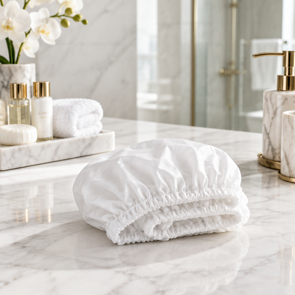 Bonnet de douche pour hôtel en EVA blanc déployé sur le plan de travail d'une salle de bain hôtelière avec produits d'accueil : gel, shampooing et savon en petit format