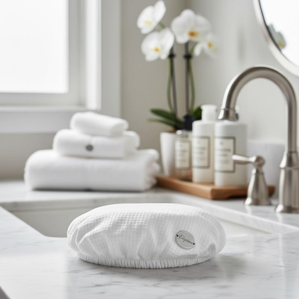 Bonnet de douche hôtel individuel scellé sur marbre de salle de bain avec amenities hôteliers