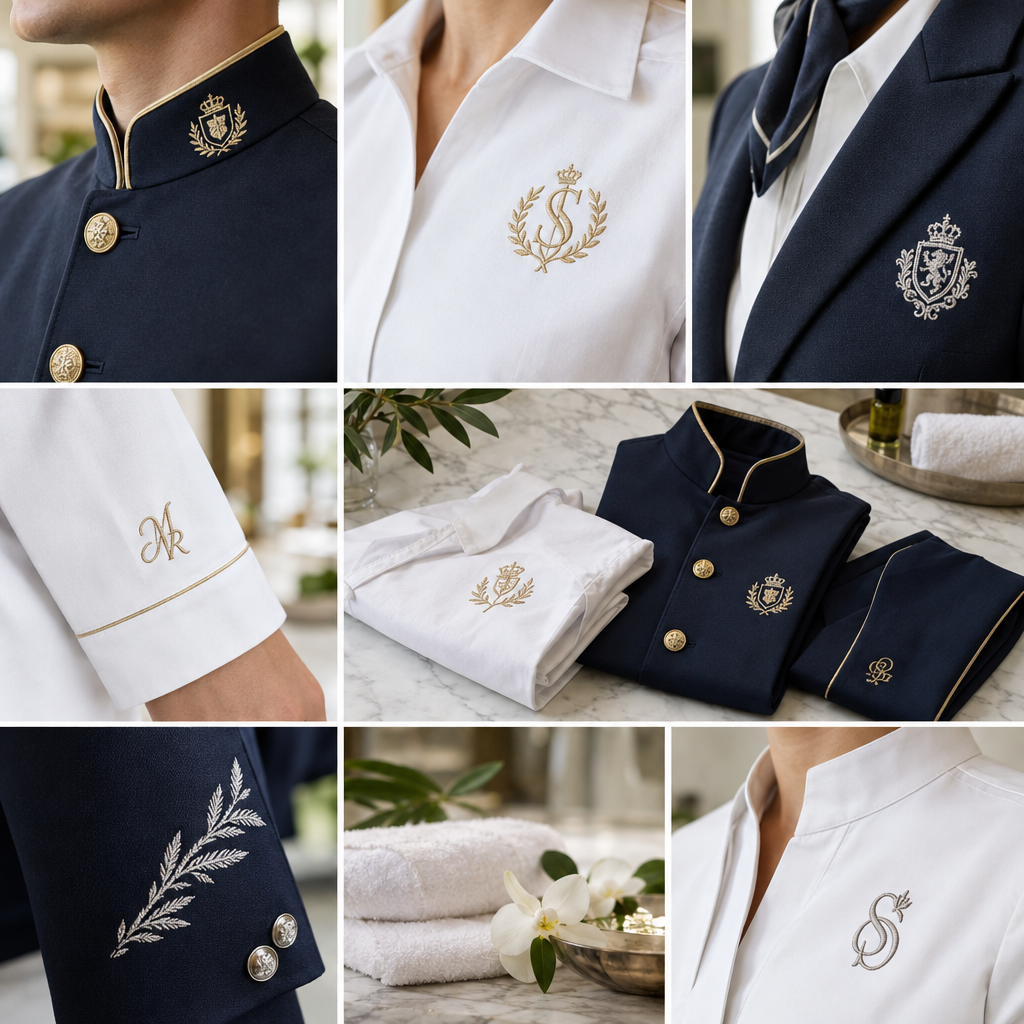 Uniformes de hotel personalizados con bordado: camisa de recepción con logo bordado en pecho izquierdo y polo de hostelería con bordado departamental en taller de personalización textil