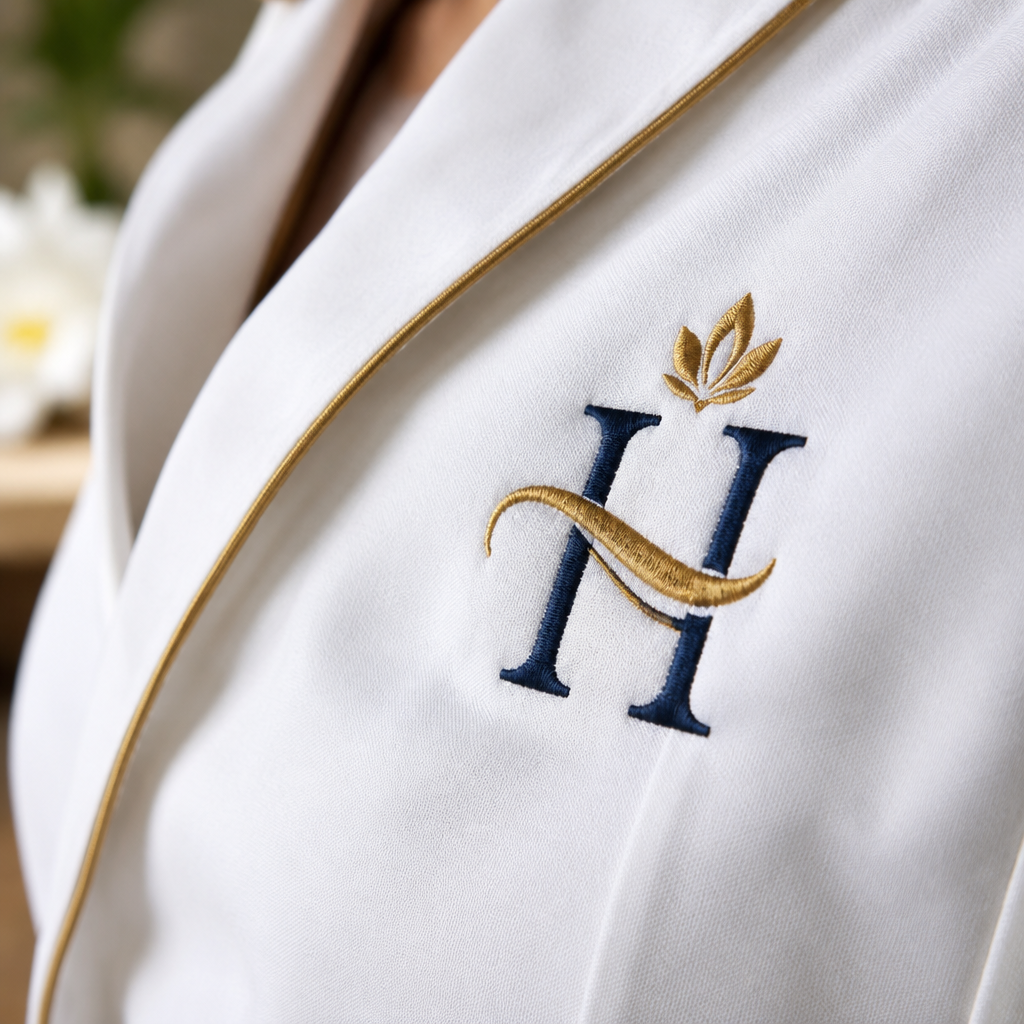 Uniformes hôteliers personnalisés avec broderie : chemise de réception avec logo brodé sur la poitrine gauche et polo de restauration avec broderie départementale dans un atelier de personnalisation textile