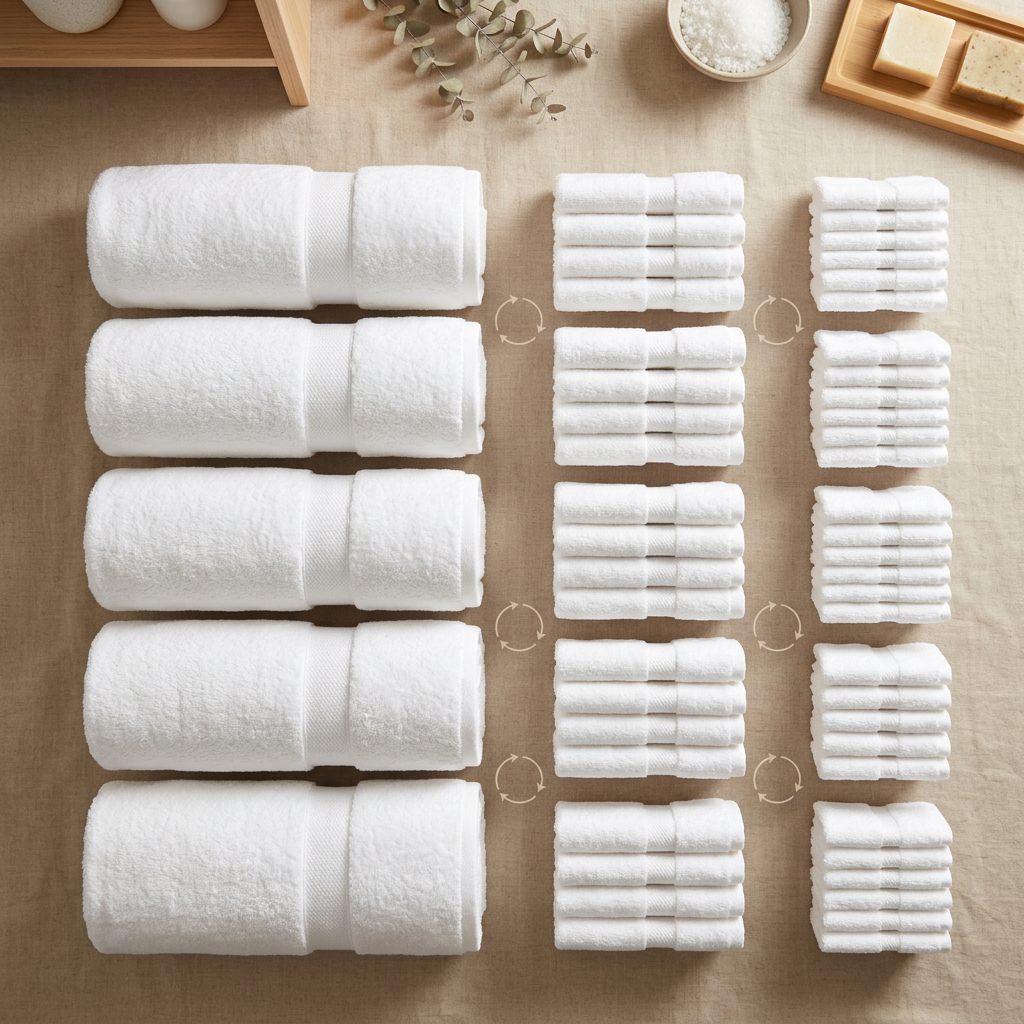 Armario de lencería de hotel organizado con toallas de baño blancas apiladas por tipo: toallas grandes de baño, toallas de manos y toallas de bidé clasificadas por departamento de housekeeping