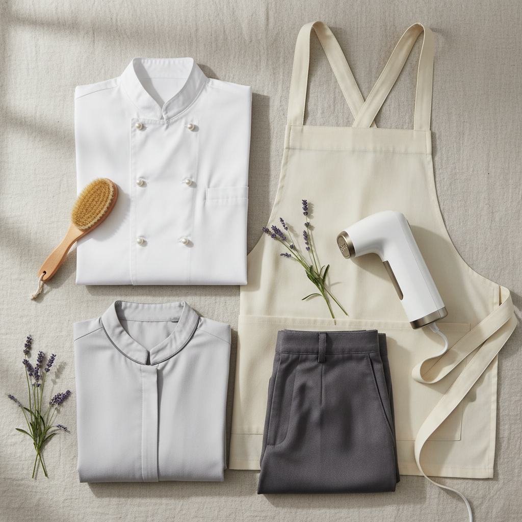 Uniformes de hostelería perfectamente mantenidos colgados en percha en vestuario de hotel: chaquetas de sala, camisas blancas y delantales en excelente estado
