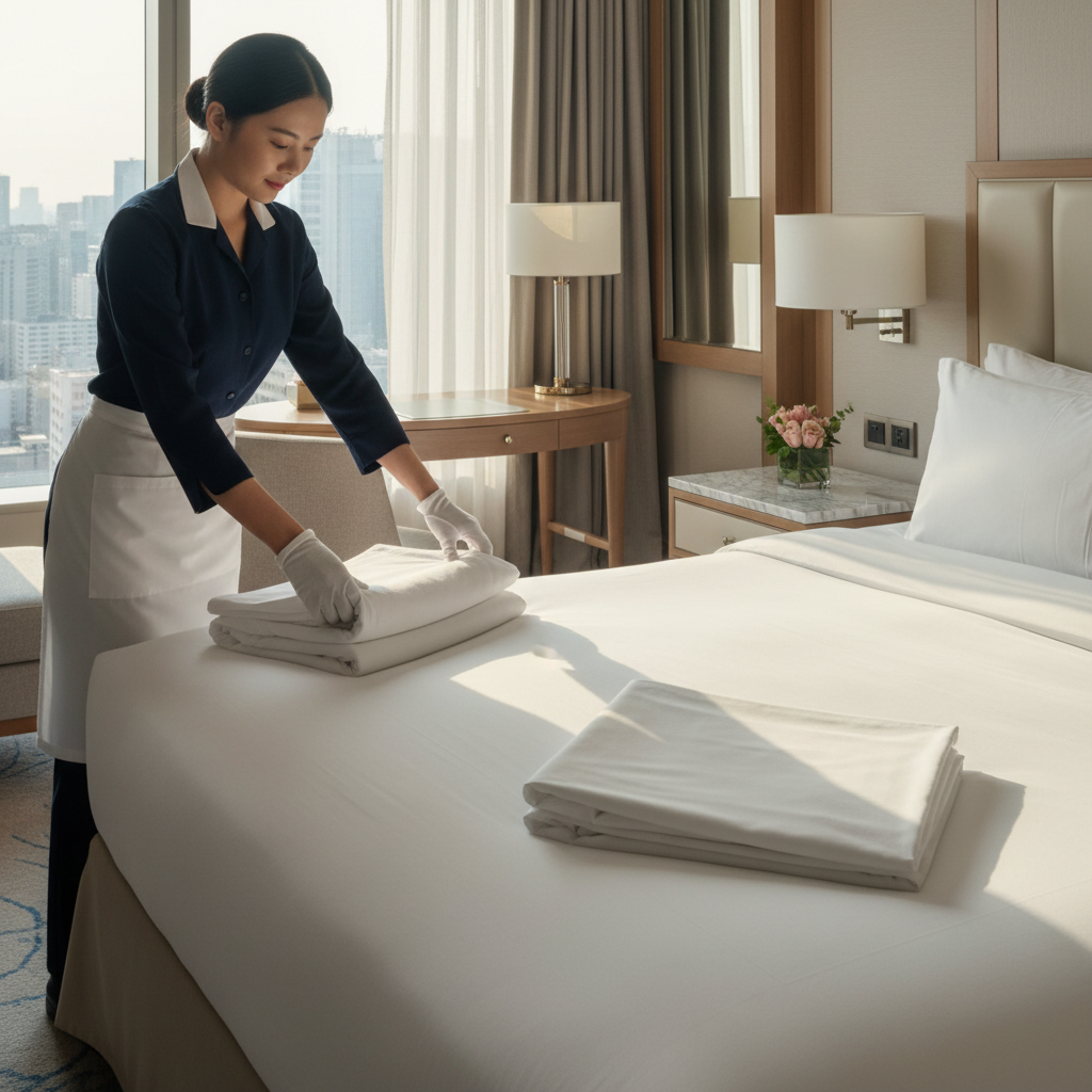 Camarera de pisos doblando sábanas de hotel en linen room con técnica profesional de housekeeping