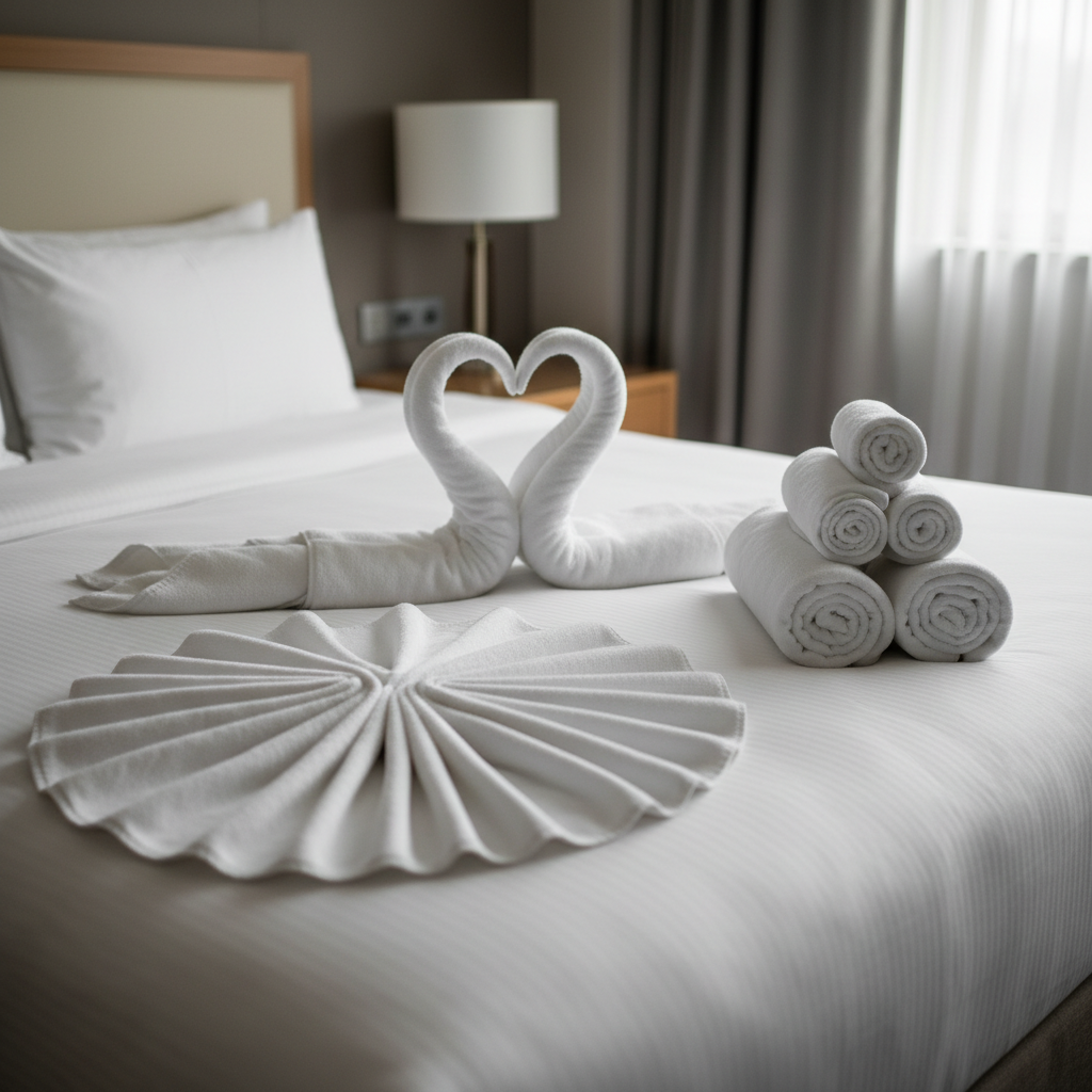 Toallas de hotel dobladas en tercios con técnica profesional de housekeeping presentadas en toallero de baño de habitación hotelera