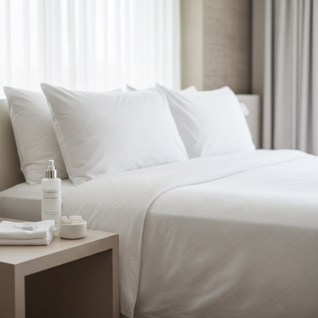 Sábana blanca de hotel con mancha siendo tratada con producto quitamanchas profesional en lavandería hotelera
