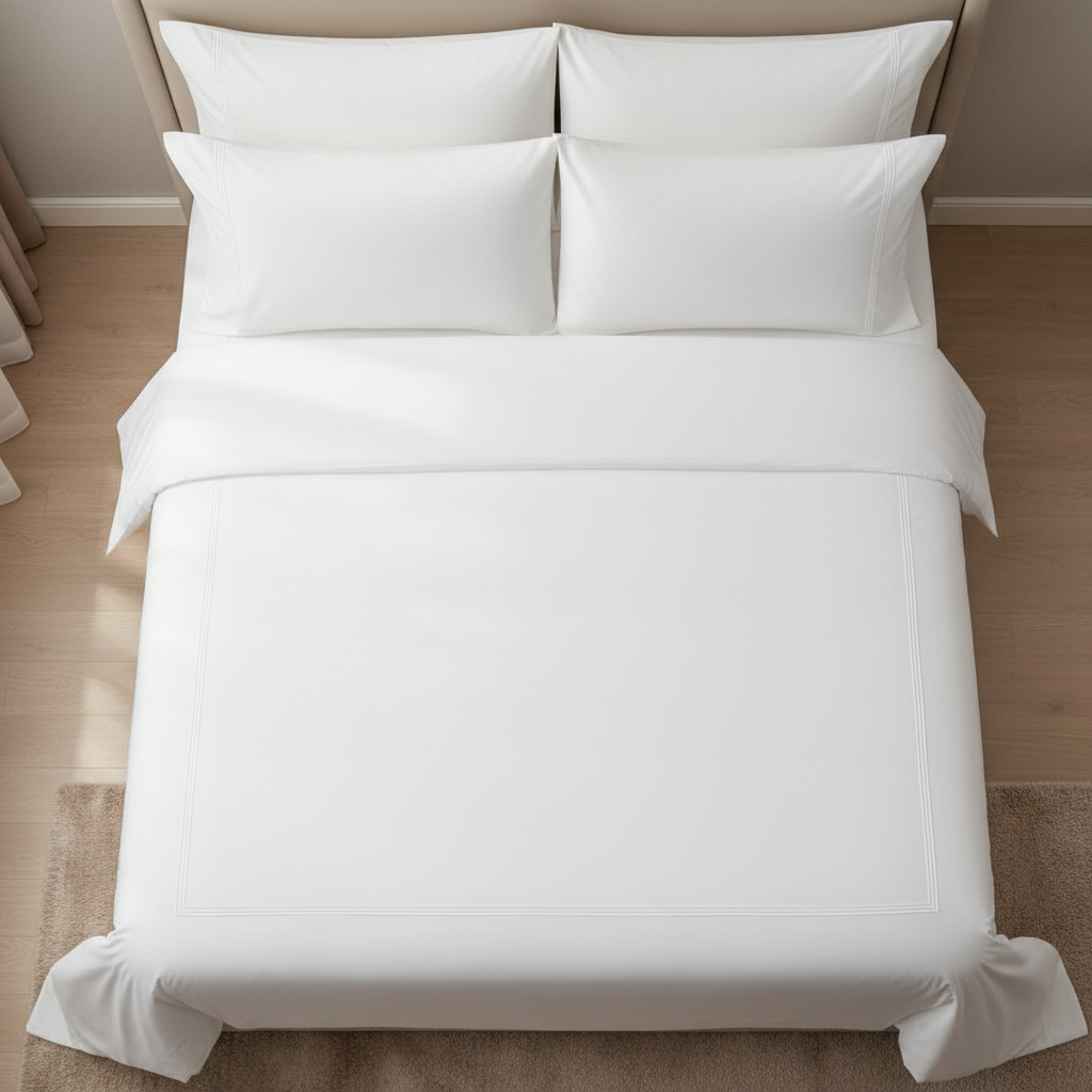 Cama de hotel perfectamente hecha al estándar profesional de housekeeping: sábana bajera tensa, nórdico impecable y almohadas simétricas en habitación hotelera de categoría