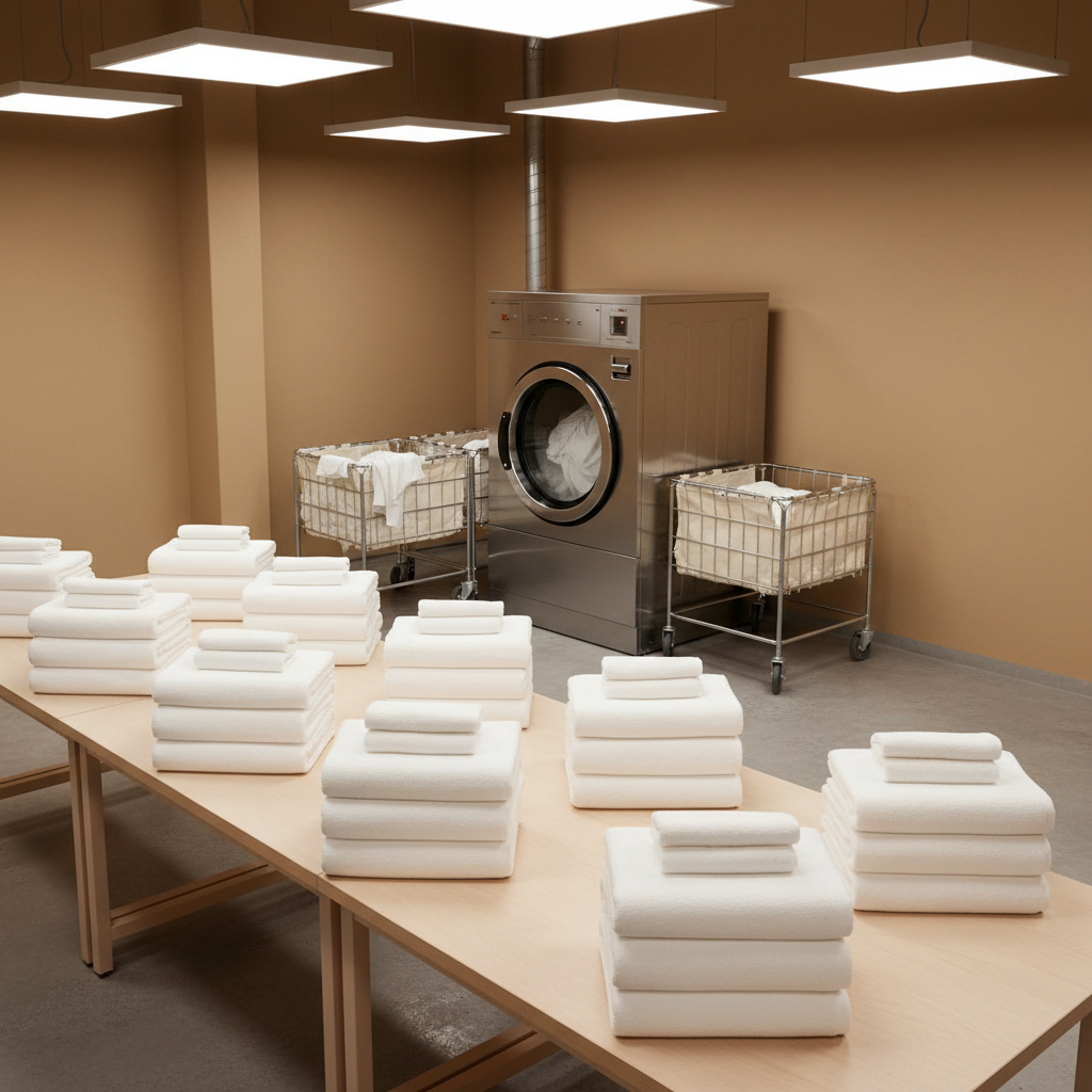 Lavandería industrial de hotel con toallas blancas en lavadora profesional siguiendo protocolos de lavado a 60°C para hostelería