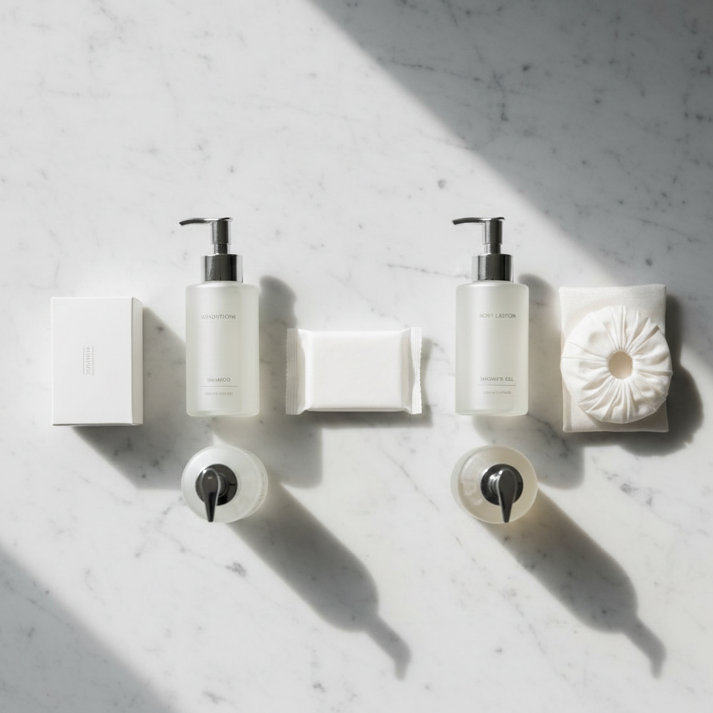 Amenities de hotel perfectamente organizados en bandeja sobre encimera de lavabo de habitación hotelera de categoría: jabón, champú, gel y crema en línea simétrica con etiquetas al frente