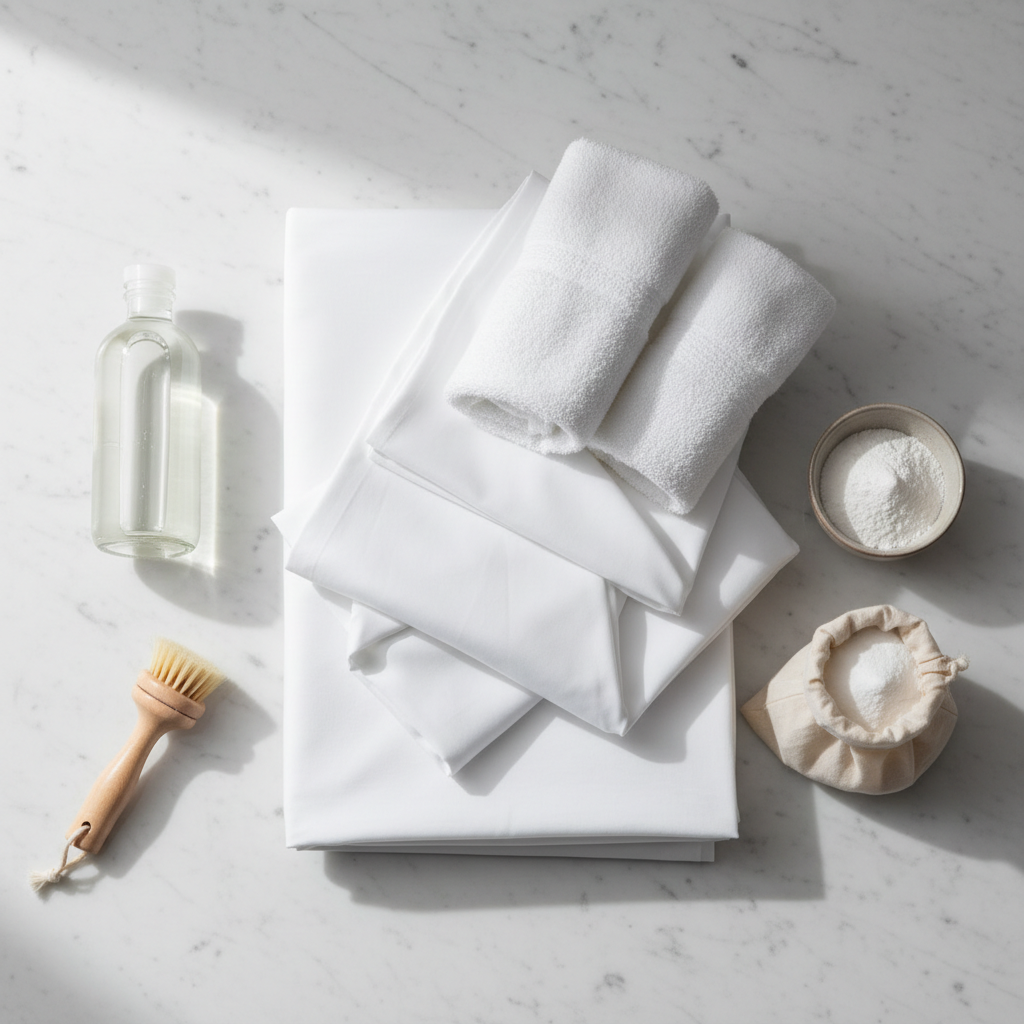 Personal de lavandería hotelera tratando mancha de sangre en sábana blanca con agua fría y prelavado enzimático antes del ciclo de lavado
