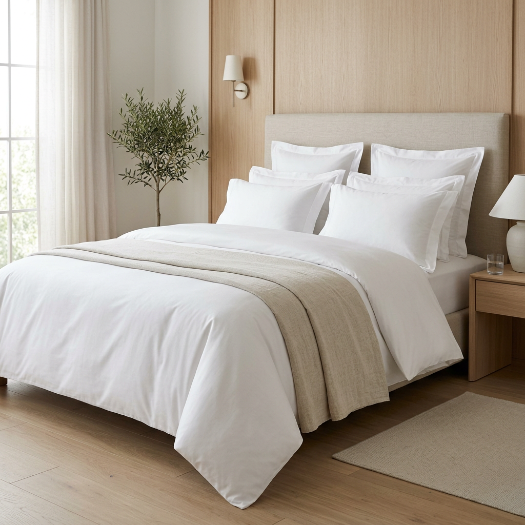 Cama de hotel perfectamente hecha con nórdico blanco de relleno de plumón, funda de nórdico de percal liso y almohadas apiladas con funda blanca, representando el sistema de cama nórdico habitual en hoteles de 4 y 5 estrellas