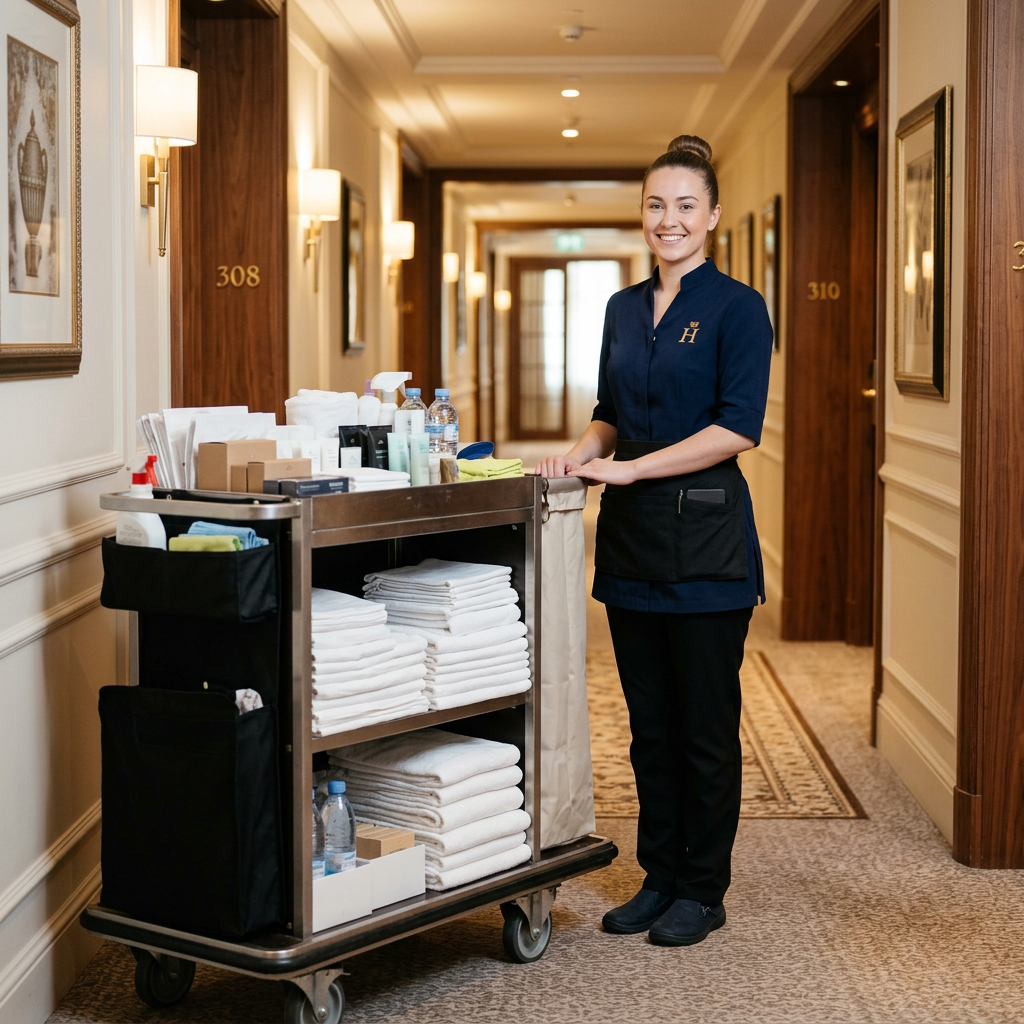 Camarera de pisos de hotel con uniforme de housekeeping completo: túnica azul marino con logo bordado en el pecho, pantalón negro y delantal de trabajo con bolsillos, en un pasillo de hotel de 4 estrellas junto a un carro de limpieza