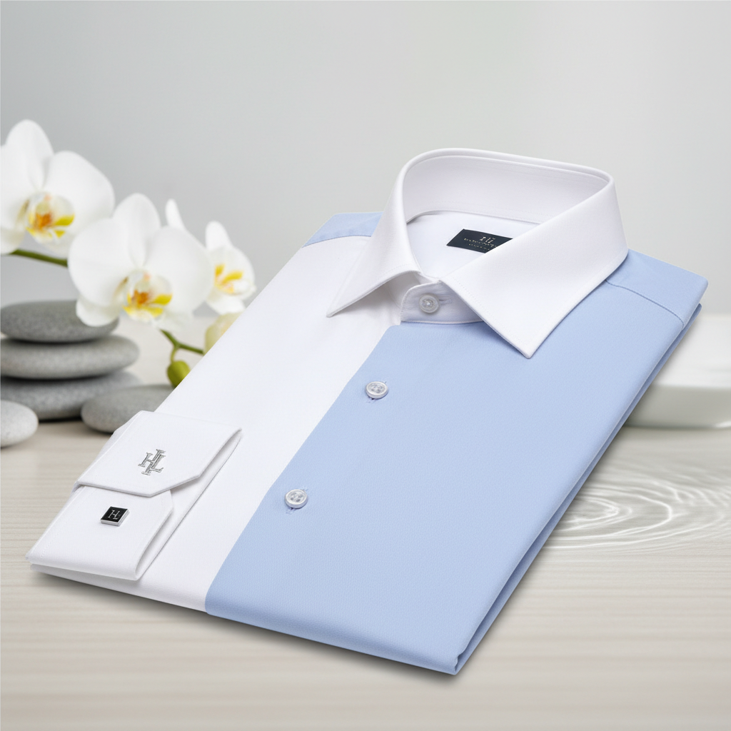 Receptionist d'hotel con camicia bianca in misto poliestere-cotone con colletto italiano e polsini a bottone al bancone della reception di un hotel di categoria