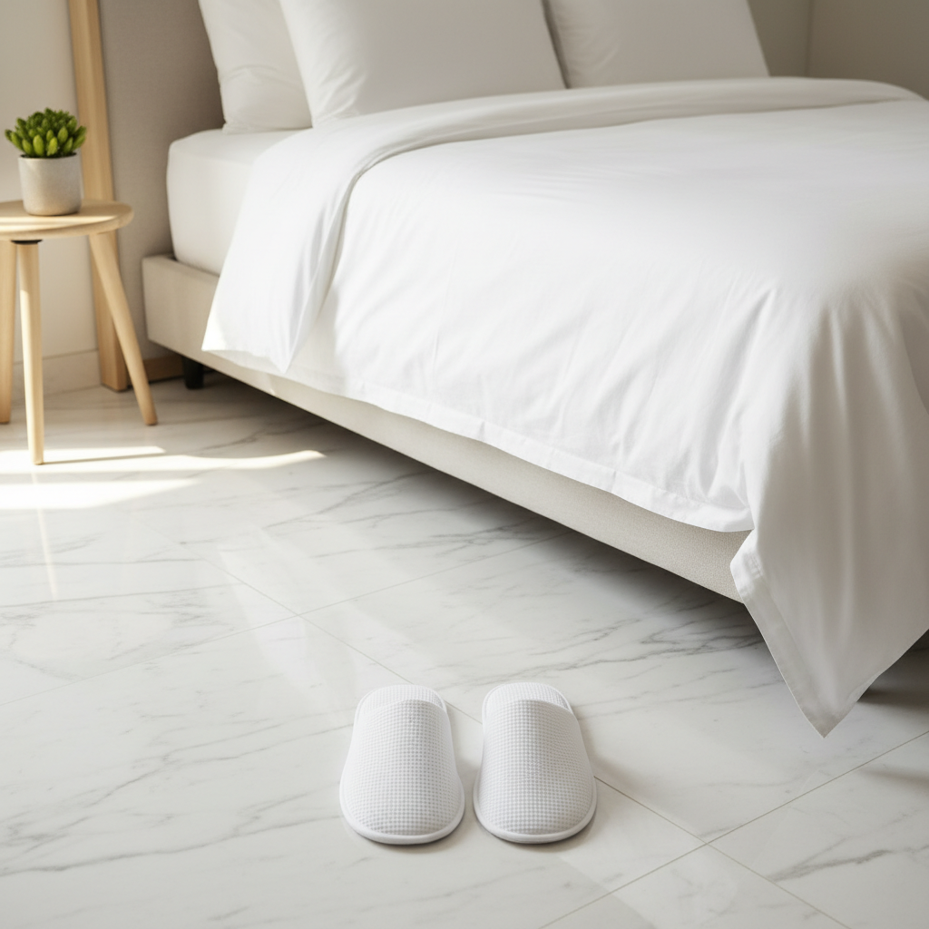 Paire de chaussons d'hôtel en éponge blanche sur sol en marbre de chambre hôtelière