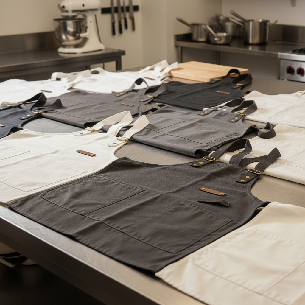 Professional chef wearing a long cotton chef apron during service in an open hotel restaurant kitchen