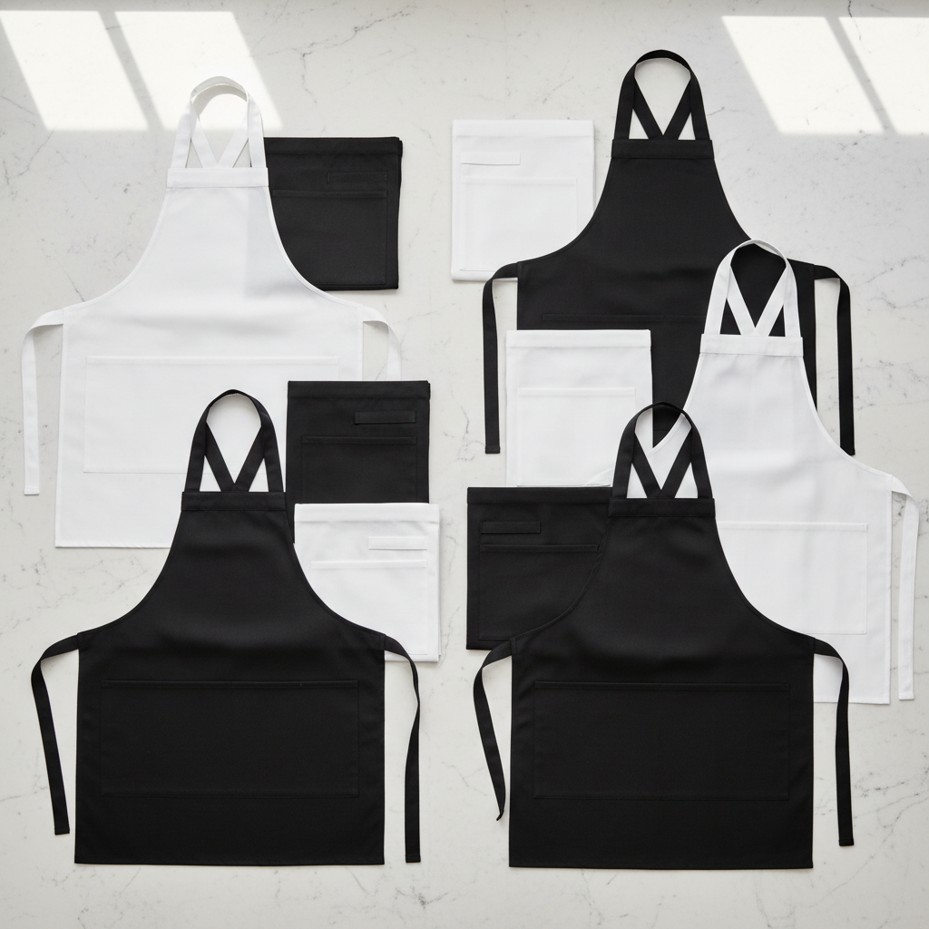 Professional chef wearing a long cotton chef apron during service in an open hotel restaurant kitchen
