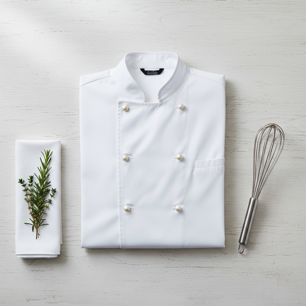 Professional kitchen brigade in white double-breasted chef jackets in a hotel restaurant