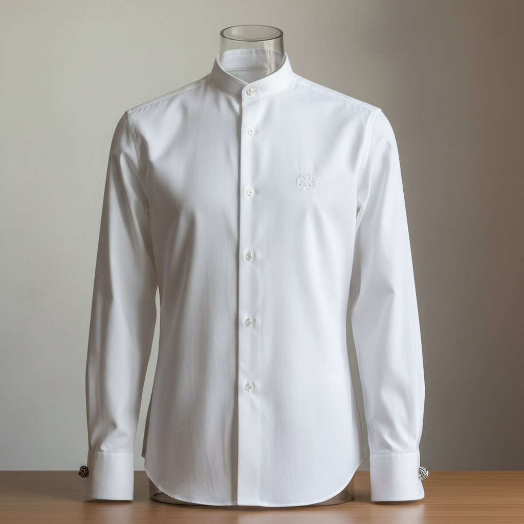 Réceptionniste d'hôtel avec chemise blanche en mélange polyester-coton avec col italien et manchettes à bouton au comptoir de réception d'un hôtel de catégorie