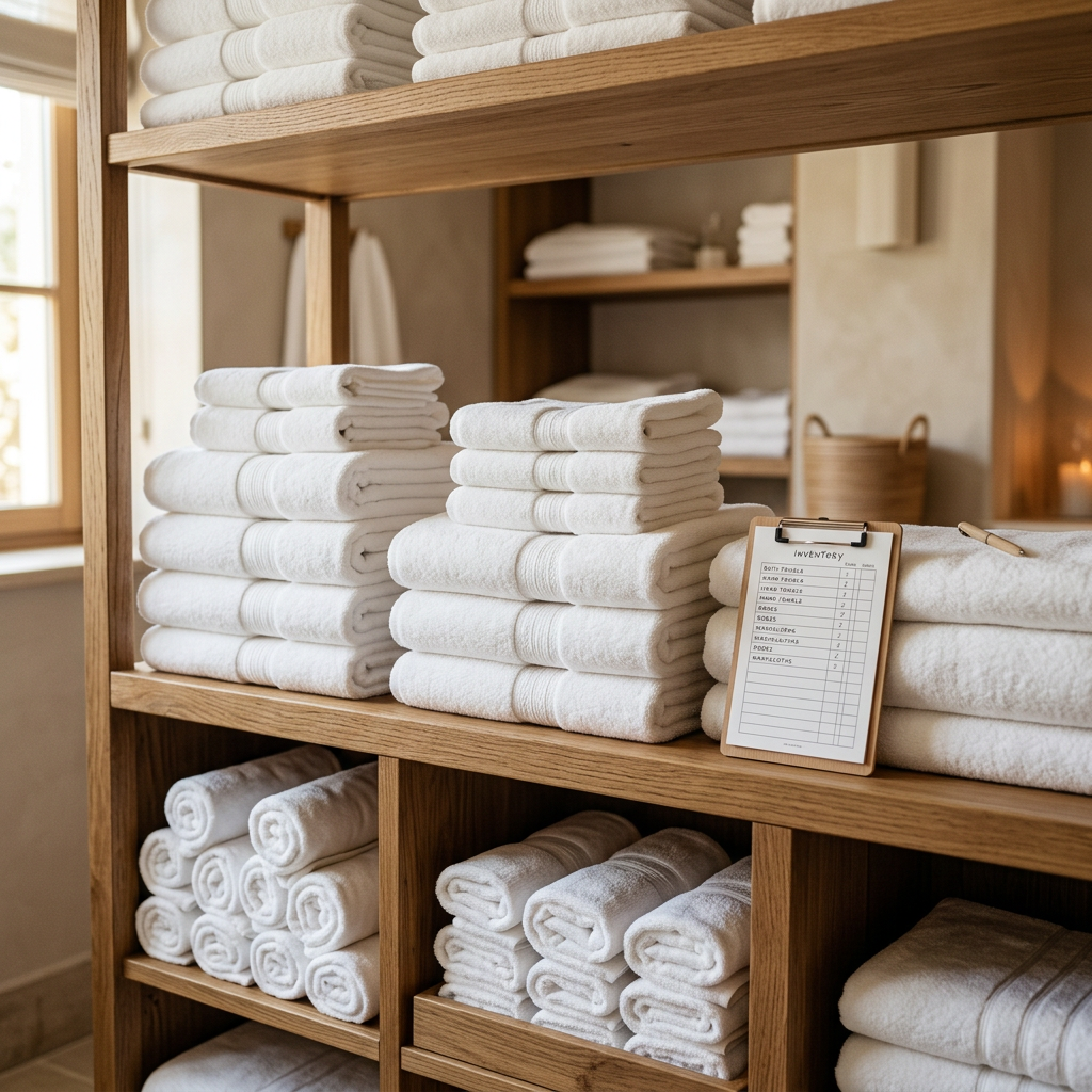 Guardaroba biancheria di un hotel con asciugamani bianchi ordinatamente impilati per tipo: teli da bagno grandi, asciugamani per le mani e asciugamani bidet, classificati dal reparto housekeeping