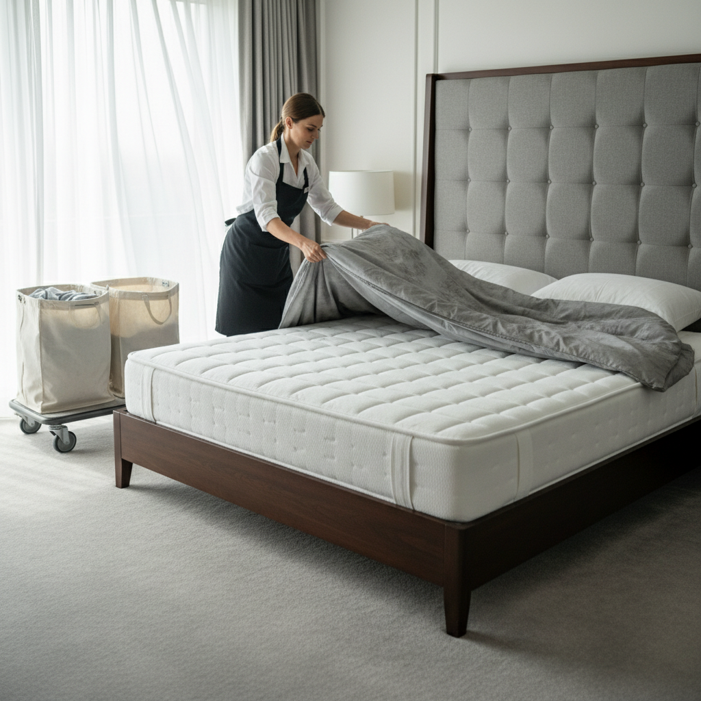Letto d'hotel perfettamente fatto allo standard professionale di housekeeping: lenzuolo con angoli teso, piumino impeccabile e cuscini simmetrici in una camera d'hotel di categoria